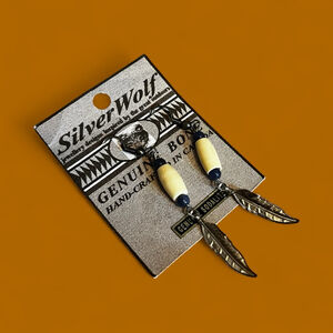 Silver Wolf Genuine Bone & Sodalite Feather Vintage Dangle Earrings Handcrafted